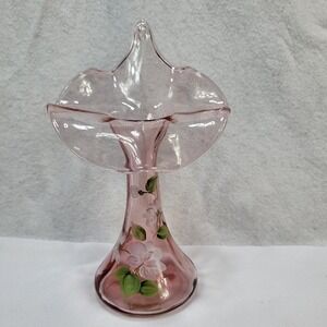 Fenton Pink Glass Hand Painted Floral Ruffled Vase Signed 1991 USA